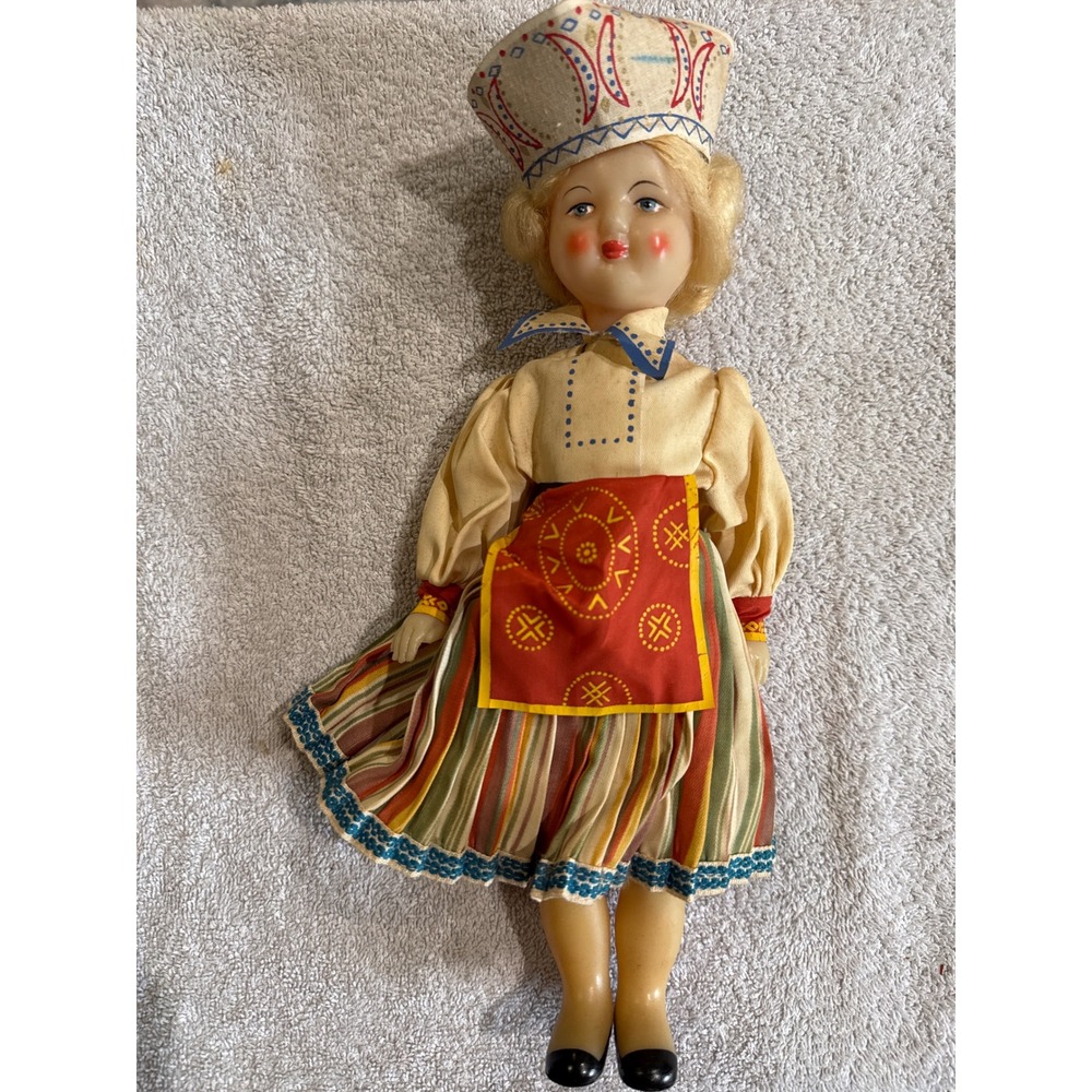 Vintage Celluloid Folk Doll European Ethnic Costume Striped Skirt 11.5 Inch